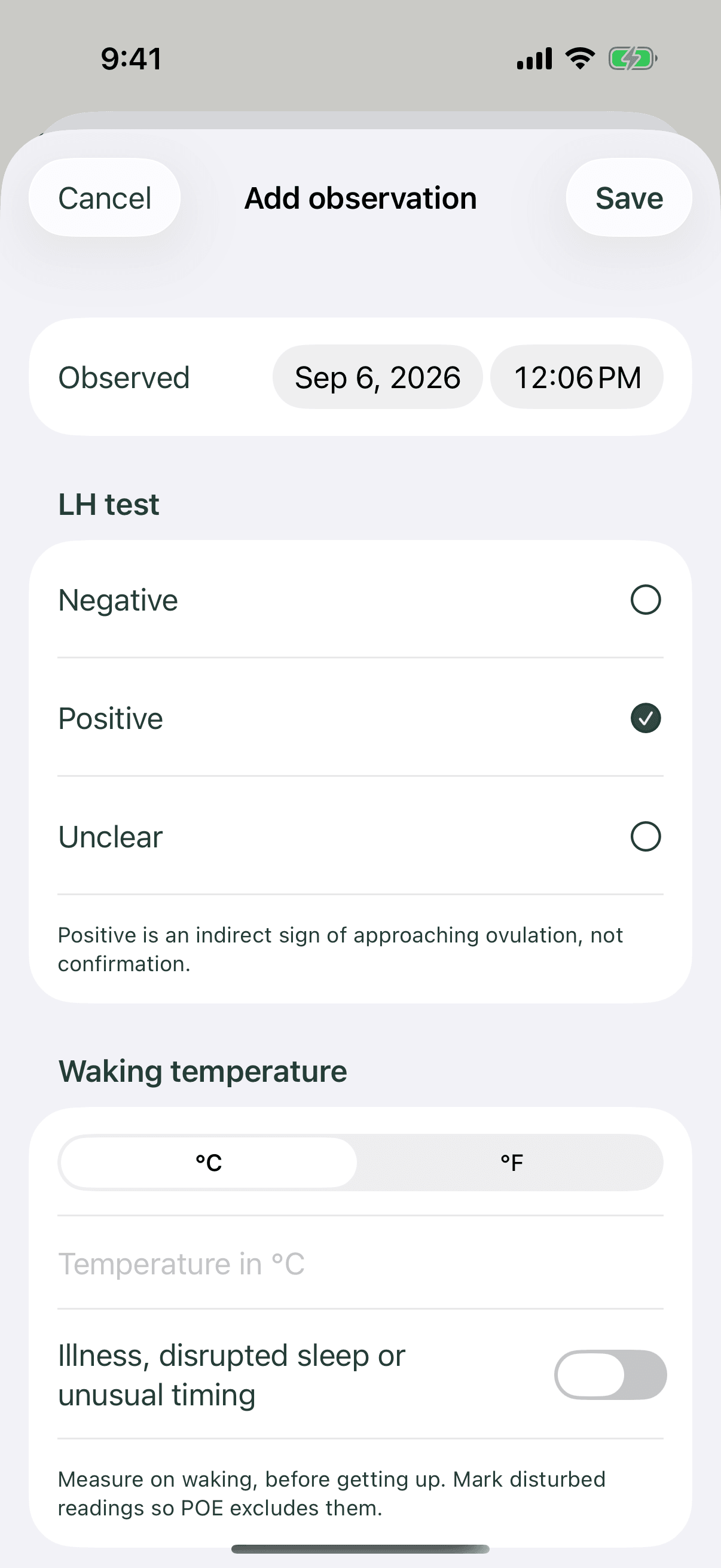 POE cycle observations with LH tests, waking temperature and cervical mucus.
