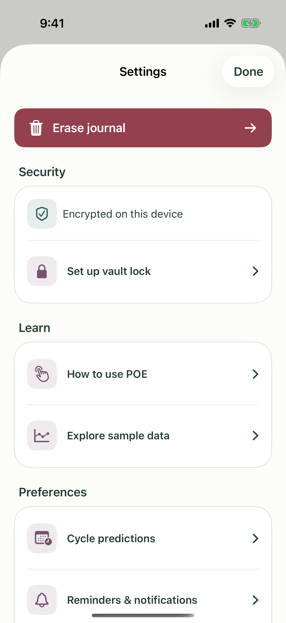 POE Settings showing the encrypted journal and security controls.
