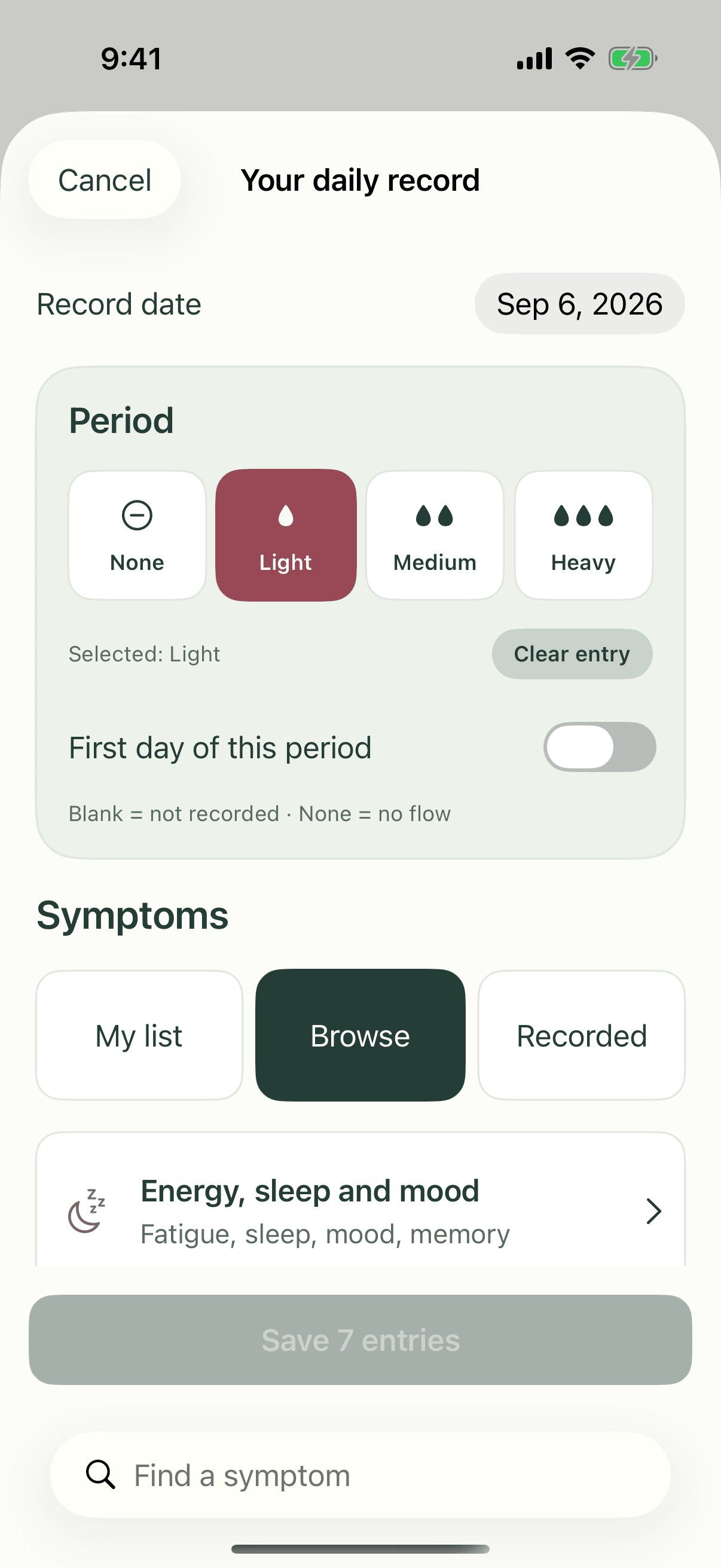 POE daily journal with period flow and symptom logging.