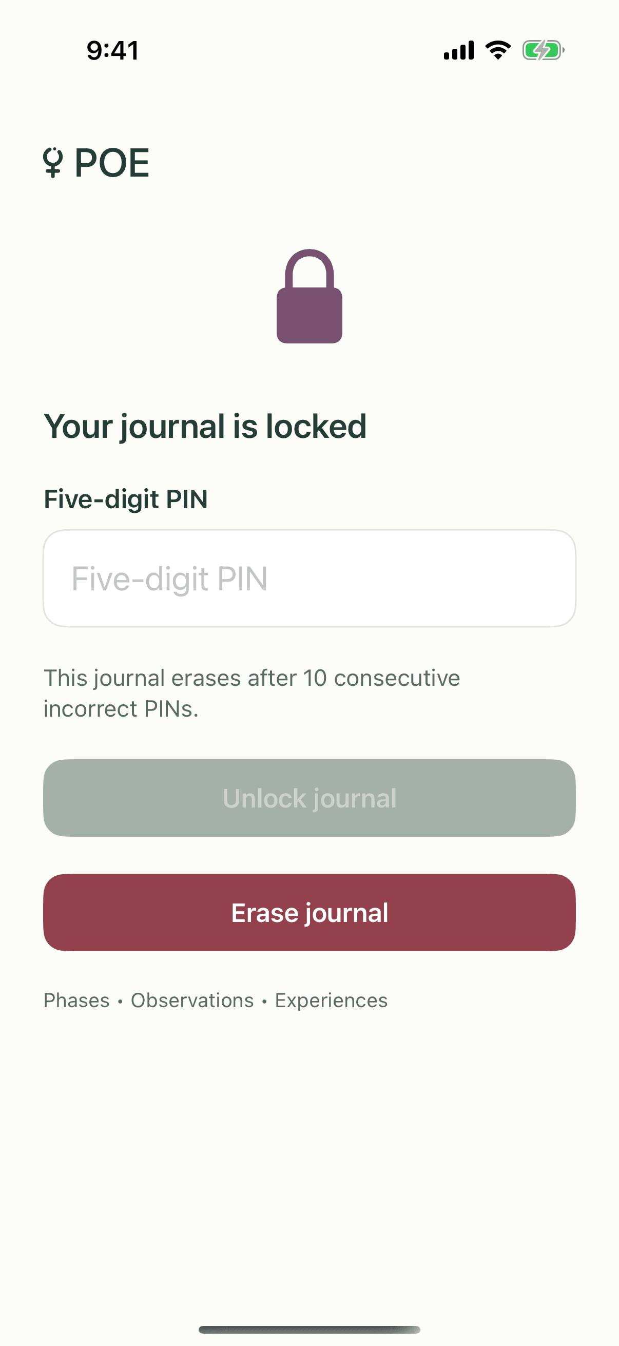 POE locked journal with a five-digit PIN entry and journal erasure control.